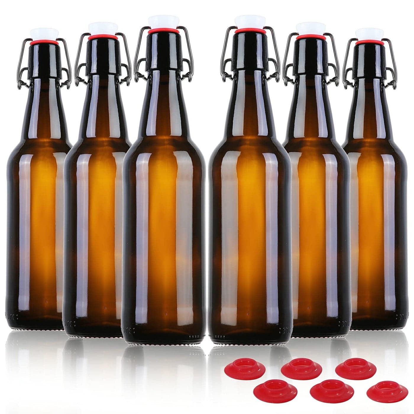 YEBODA 16 oz Amber Glass Beer Bottles for Home Brewing with Flip Caps Case of 6