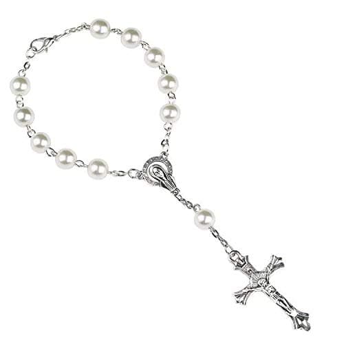 JUXINDA 12 Pc Ivory Color Baptism with Angel Fascination Mini Rosary Silver Plated Acrylic BeadsRecuerditos De BautismoChristening FavorsDecenariosTen YearsFinger Rosary Ivory pearl