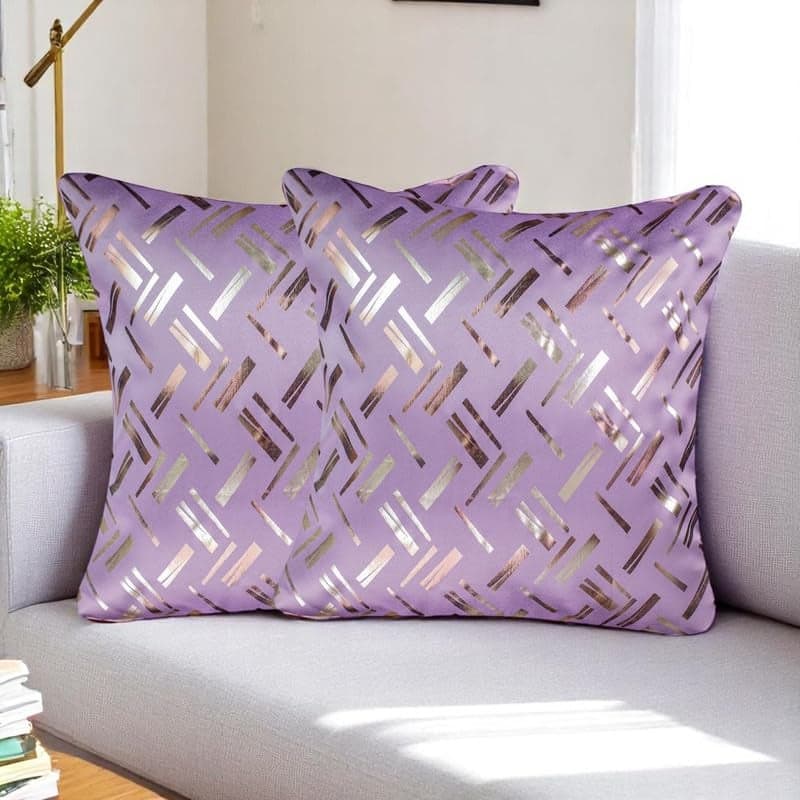 Vendola Decorative Foil Blackout Cushion Cover 16 Inch x 16 Inch, Sofa Pillow Cover Set, Lavender Design, Foil Shimmer Glittery Pattern, Diwali Festive, (Lavender, 16X16 Inches, Set of 2)
