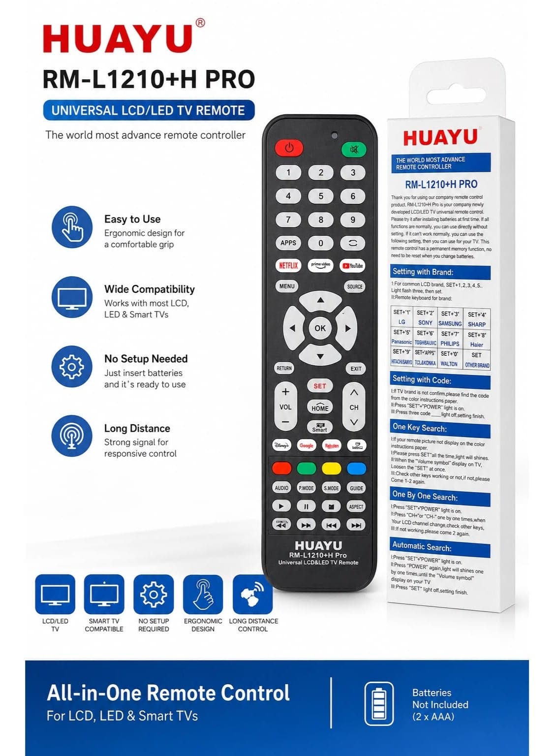 Universal LCD/LED Smart TV Remote Control - HUAYU RM-L1210+H PRO with Netflix, YouTube, Prime Video Buttons