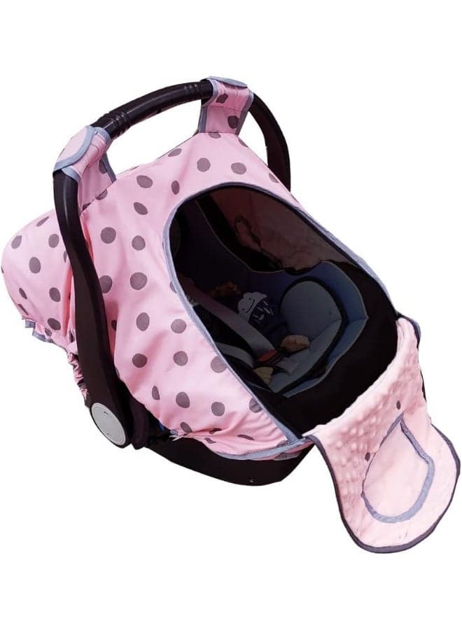 DODO NICI Carseat Cover Girls, Baby car seat Covers for Infant car seat, Baby Carrier Cover Canopy, Window in Door Zipper Open, 2 Layers, Pink dots