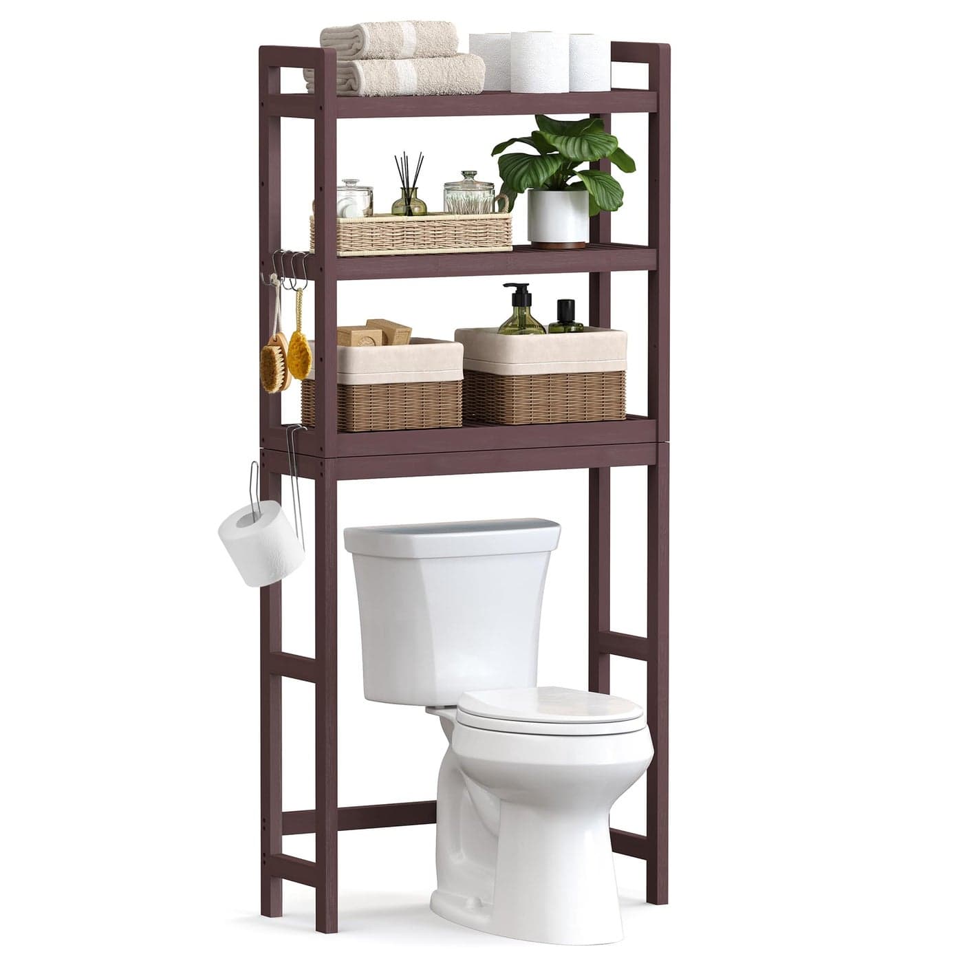 SONGMICS Over The Toilet Storage 3Tier Over Toilet Bathroom Organizer with Adjustable Shelf 102 x 248 x 669 Inches SpaceSaving Brown UBTS01BR