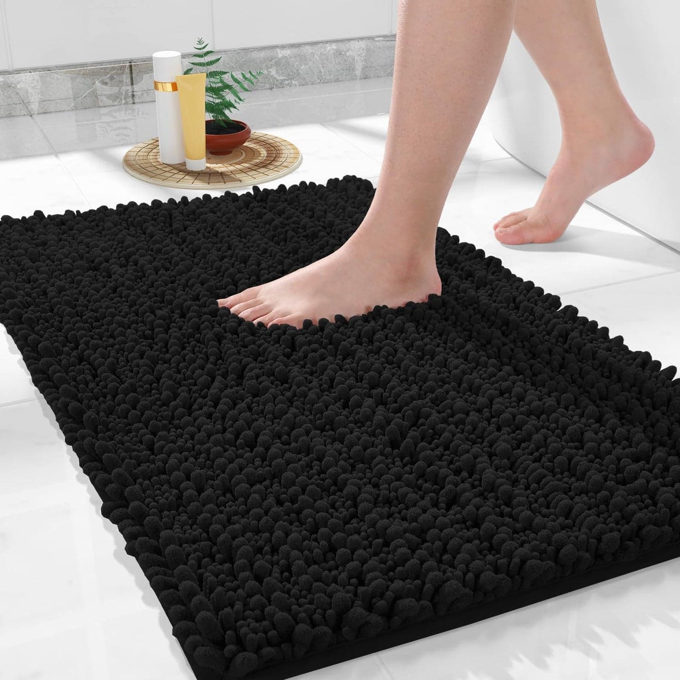 Yimobra Large Bathroom Rugs Non Slip Washable 36x24 Inch Ultra Soft Absorbent Chenille Bath Mat Quick Dry Shaggy Floor Carpet for Tub Shower Black Home Decor Accessories