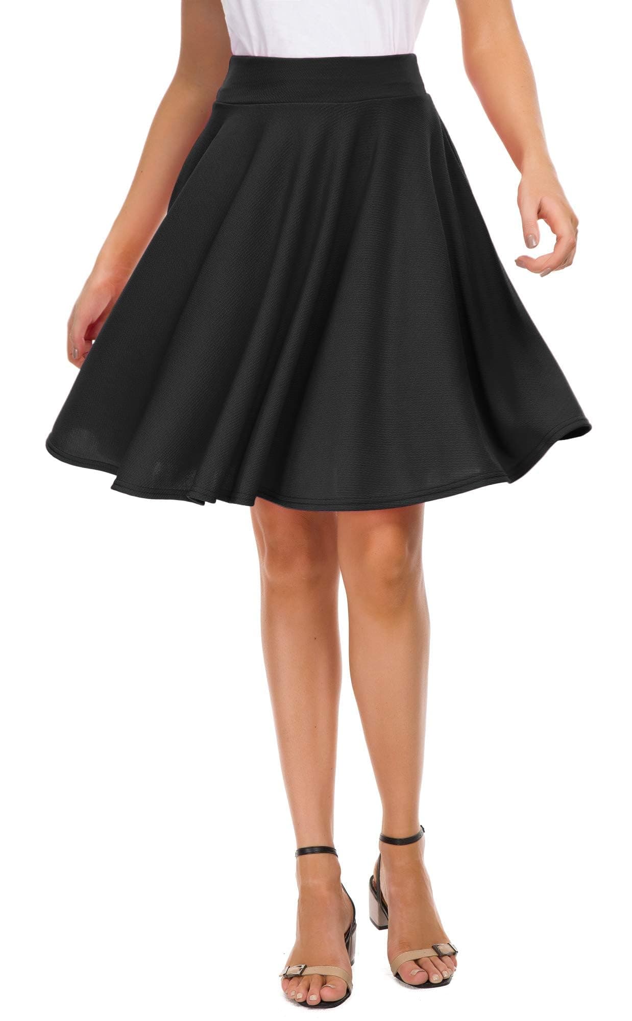 EXCHIC Women's Casual Stretchy Flared Skater Skirts Basic A-Line Pleated Midi Skirt (XL, Black)