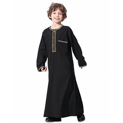 OBEEII Boy's Muslim Arab Solid Color Thobe, Middle East Comfortable Kaftan Thobe Boy Muslim Islamic Clothing Black 5-6 Years
