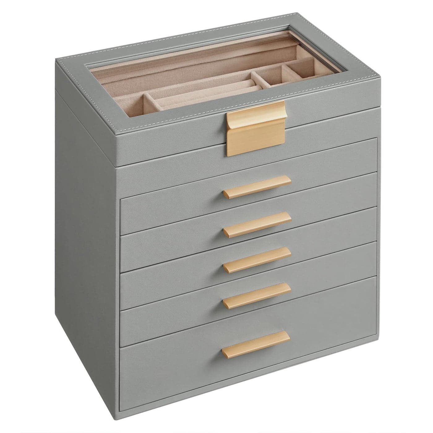SONGMICS Jewelry Box Organizer with Glass Lid 6Layer Jewelry Storage with 5 Drawers Modern Style 64 x 99 x 114 Inches Dove Gray and Gold Color UJBC171G01
