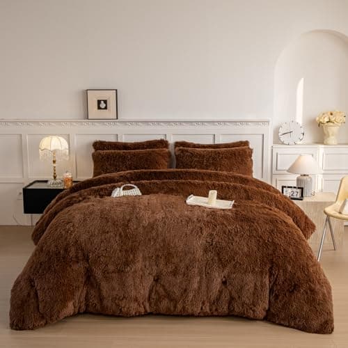 chovy Faux Fur Plush Coffee Comforter Sets Twin/Full Size - Ultra Soft Shaggy Flannel Velvet Fluffy Fuzzy 3PC Bedding Set (Comforter x 1 Pillowcases x 2)