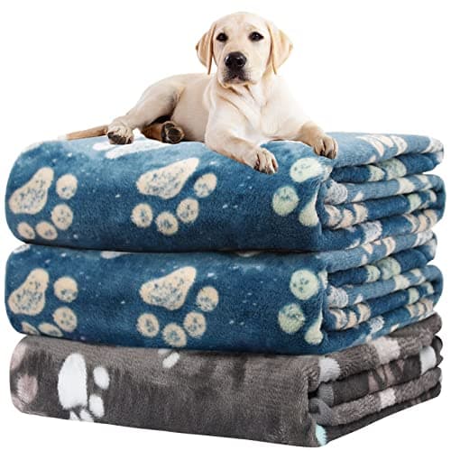 Rezutan Premium Dog Blankets for Large Dogs & Cat Flannel Blanket Washable, Soft Pet Throw Cover for Kennel Crate Bed, Sofas, Cute Paw Pattern,41x31 inch,1Gray & 2Blue