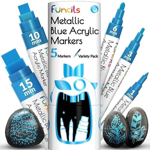 5 Metallic Acrylic Blue Paint Pen Extra Fine Tip Thin Jumbo 1mm 3mm 6mm 10mm 15mm Blue Paint Markers for Metal Fabric Plastic Canvas Wood Rock Painting Glass Permanent Marker