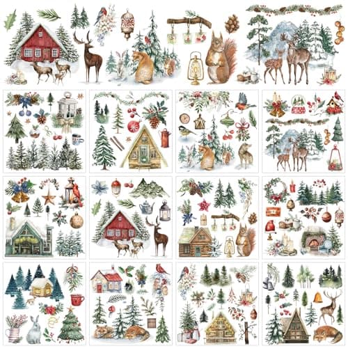 Whaline 12 Sheets Christmas Forest Rub on Transfer for Crafts Xmas Tree Animal Rub on Transfer Stickers Winter Furniture Decals for Home Party DIY Crafts 55 x 55 Inch
