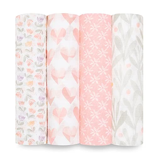 aden + anais Essentials Swaddle Blanket, Boutique Muslin Blankets for Girls & Boys, Baby Receiving Swaddles, Ideal Newborn & Infant Swaddling Set, Perfect Shower Gifts, 4 Pack, Piece of My Heart