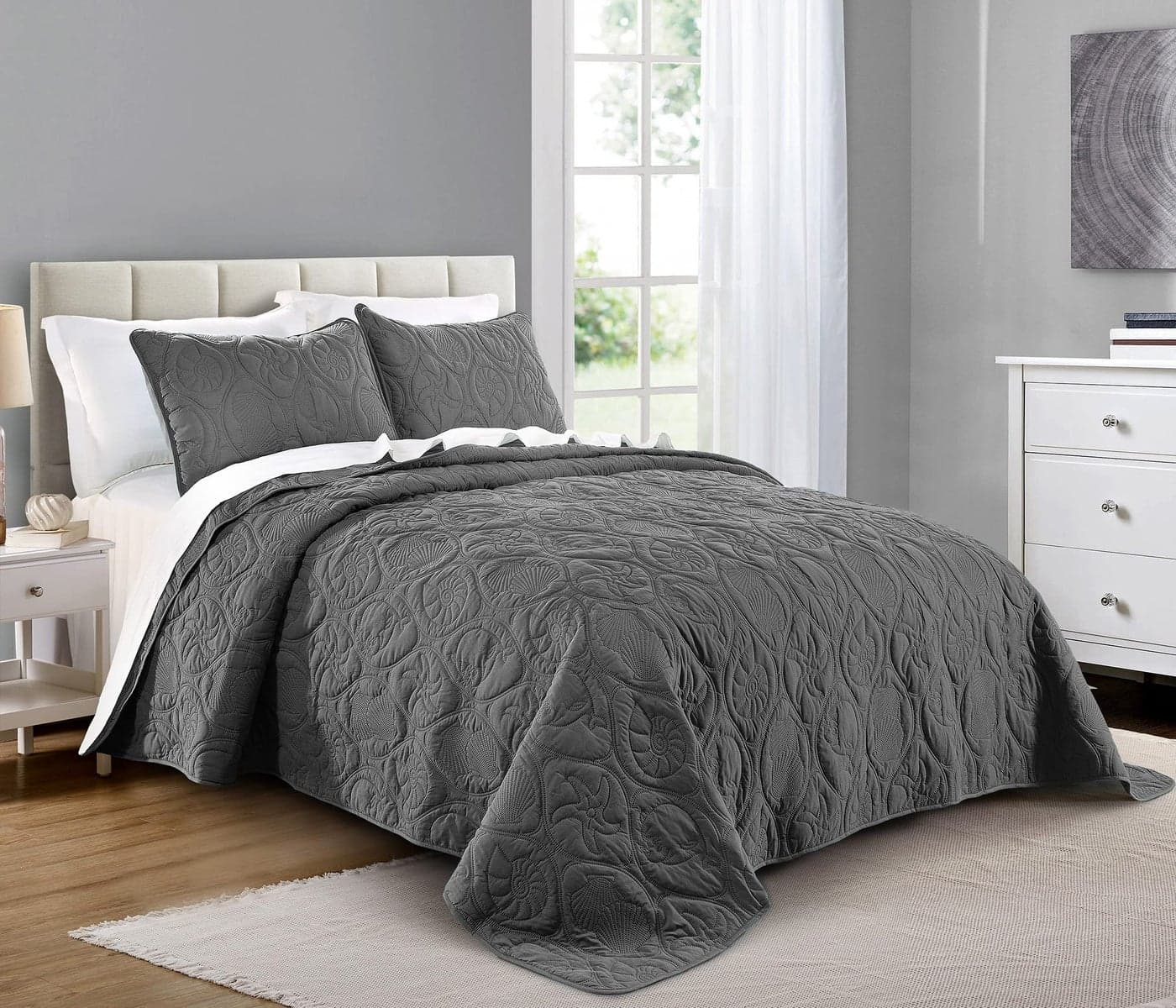 Pure Bedding Quilt Set Full/Queen Size Dark Grey - Oversized Bedspread - Soft Microfiber Coverlet for All Season - Includes 1 Quilt and 2 Shams, Ocean Star Pattern
