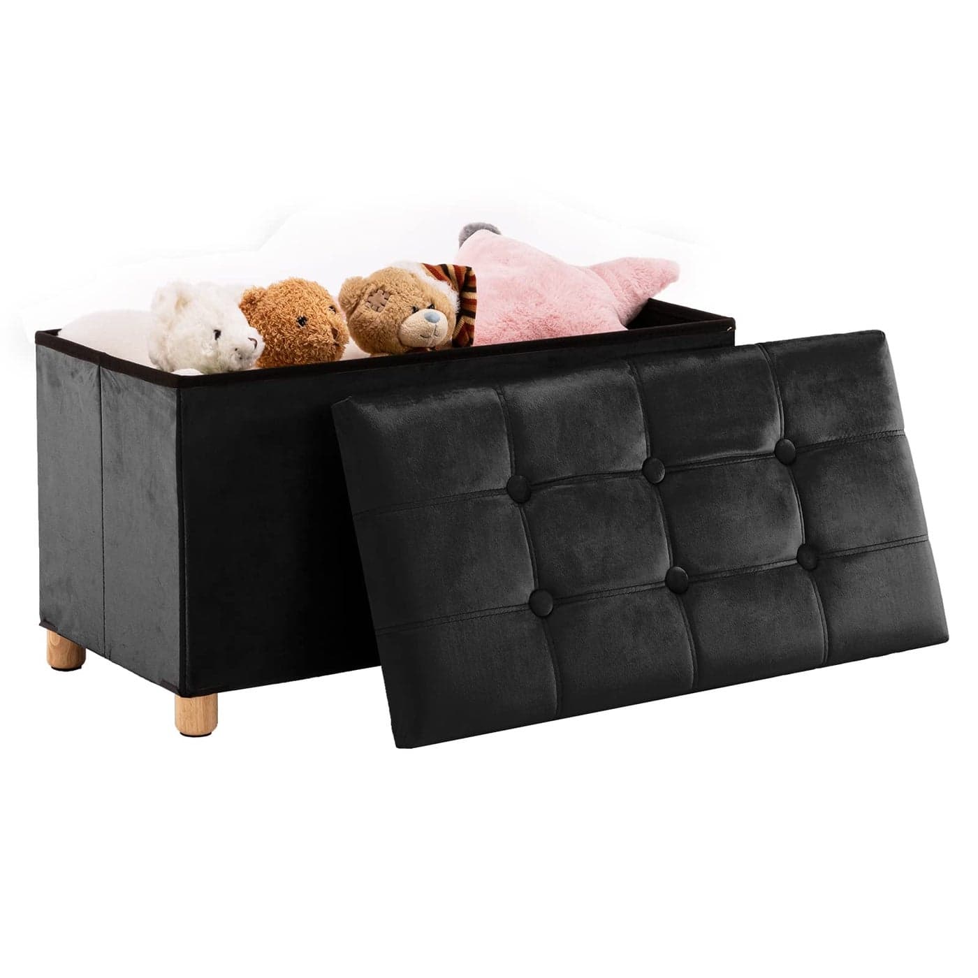 YOUDENOVA 30 Inches Folding Storage Ottoman Bench Velvet Storage Chest Footrest Couch with Wooden Legs Support 350lbs for Bedroom Living Room Hallway Black