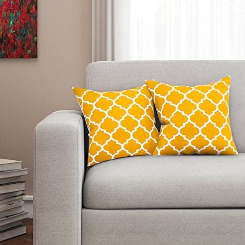 SEJ by Nisha Gupta Cotton Geometric HD Digital Cushion Covers (16 x 16, Yellow) - Set of 2