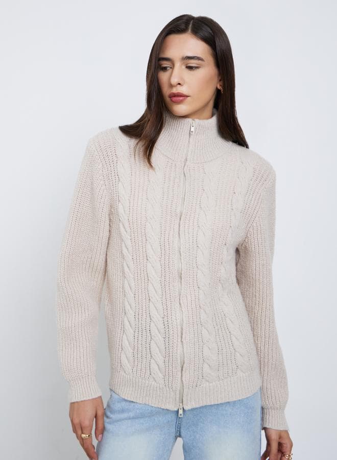 Styli Beige Chunky Cable Knit Zip-Up Sweater — XXL