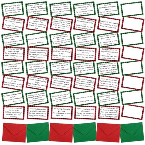 Geyoga 48 Set Funny Christmas Game Include 48 Pieces Treasure Hunt Clue Cards8 Pcs Blank Card for DIY 48 Pcs Red and Green Envelops for Christmas Indoor Outdoor Family Games