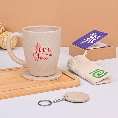 Eha Earth- Friendly Love You Mugs for Coffee | Couple Gifts | Anniversary Gift for Couple Special | Set of 1 | 300 ml | Coffee Mug | Made with Rice Husk| Sand Castle