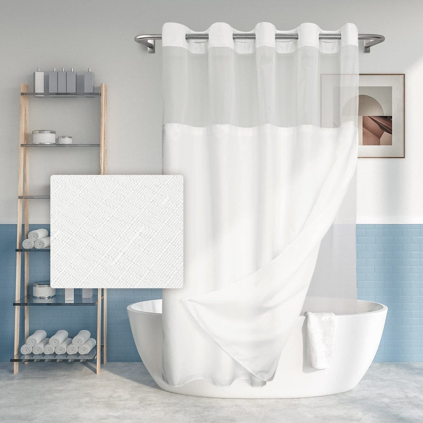 Extra Long No Hook Slub Textured Shower Curtain with Snapin PEVA Liner Set 71 x 8684 Hotel Style with See Through Top Window Fabric Curtain Waterproof Liner White 71x86