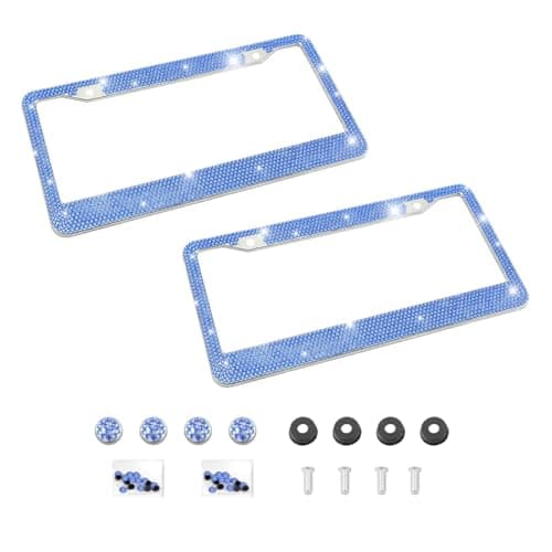 Bling 2PCS Car License Plate Frame Handcrafted Crystal Stainless Steel License Plate Frame Sparkly Durable Universal Fit Car Accessories for Girls Women Dark Blue