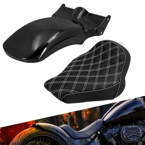 HCmotorku Motorcycle Rear Fender with LED Lights Driver Solo Seat Fit For Harley Softail Breakout FXBR FXBRS 2018-2024 (White Stitching)