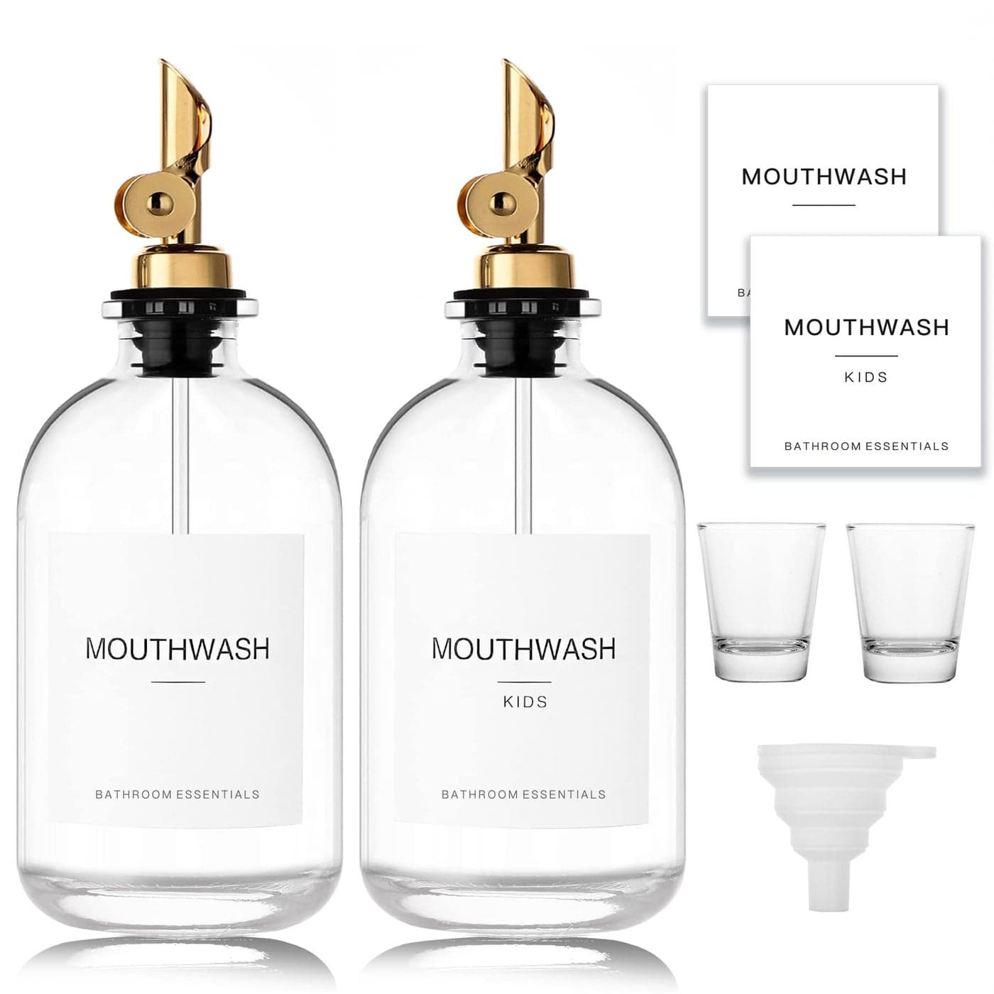 HomeFeel Mouthwash Dispenser for Bathroom 127 oz 2 Pack Glass Mouthwash Bottle with 304 Stainless Steel Spout Minimalist Labels Style Mouthwash Container Gold