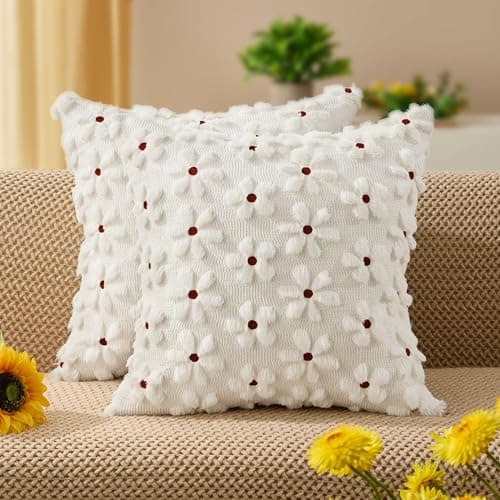 DFXSZ Spring Summer Pillow Covers 20x20 inch Set of 2 Farmhouse Decor Rust Color Flower Heart Daisy Soft Plush Faux Fur Jacquard Throw Pillows for Bedroom Sofa Holiday Spring Home Decor PTK024B20