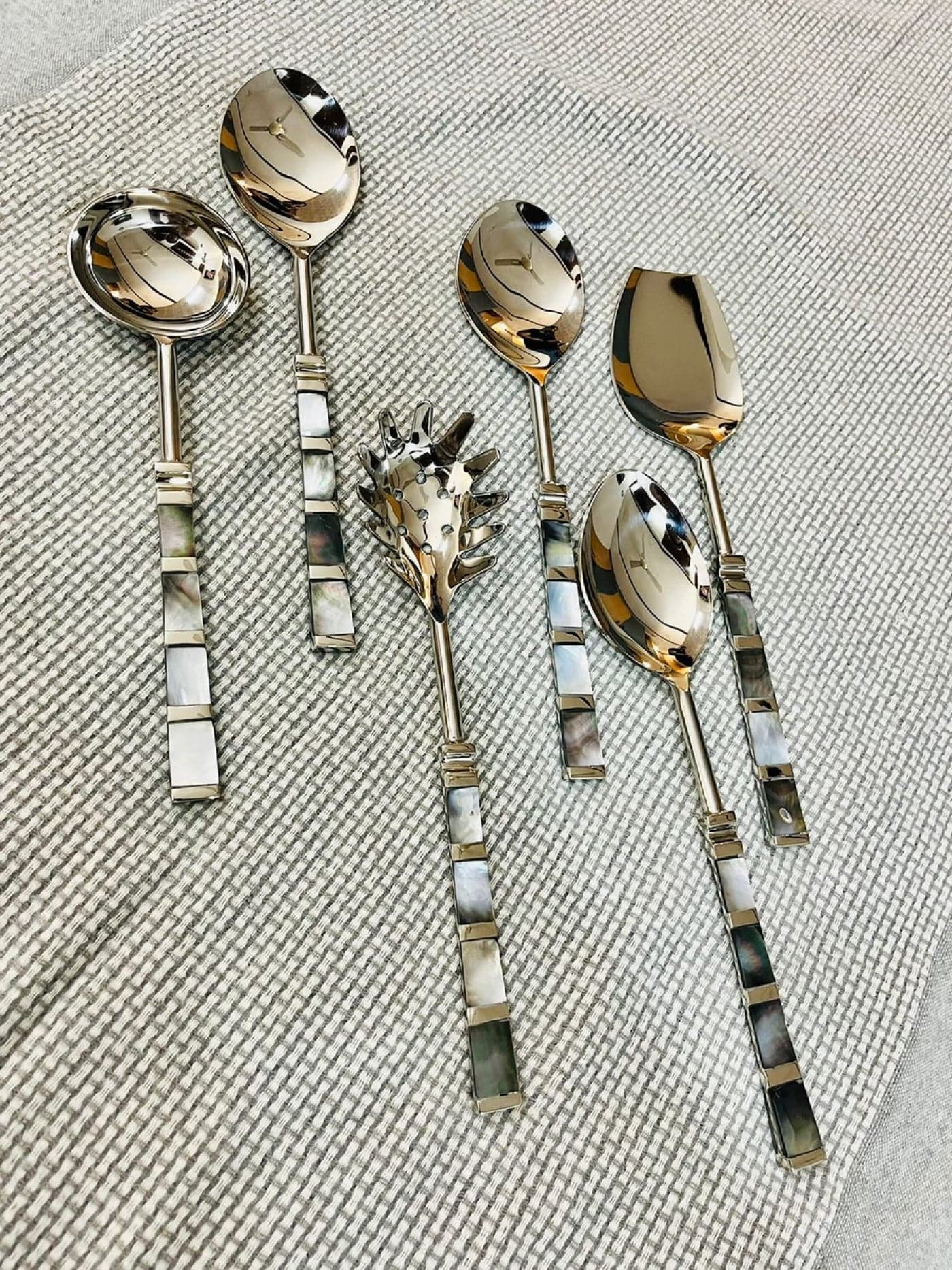 Mfu-Made For You® Black Mother of Pearl Designer Stainless Steel Serving Spoon Set of 6 Piece| Designer Serving Spoon Set Gift Box | Serving Spoons for Dinning