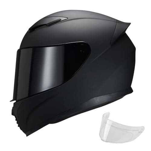 JQF Gear Full Face Motorcycle Helmet WS-607 DOT Approved Motorbike Racing Street Bike Helmets for Adults with Clear and Black Visor (Flat Black BB, S)