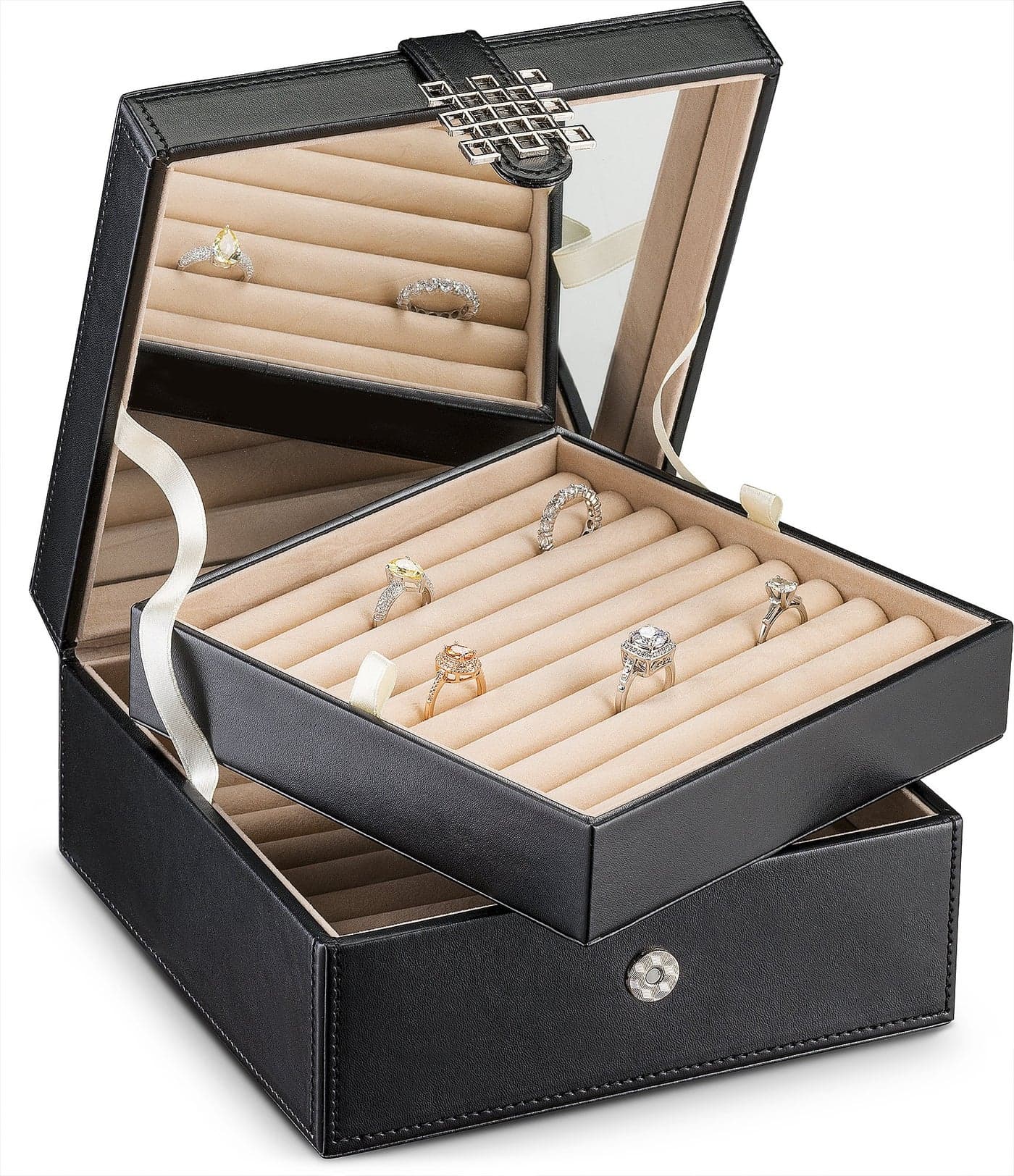 Glenor Co Ring Organizer Box 108 Slot Classic Jewelry Display Holder 2 Storage Trays with Modern Buckle Closure Large Mirror Holds Rings and Cufflinks PU Leather Case Black