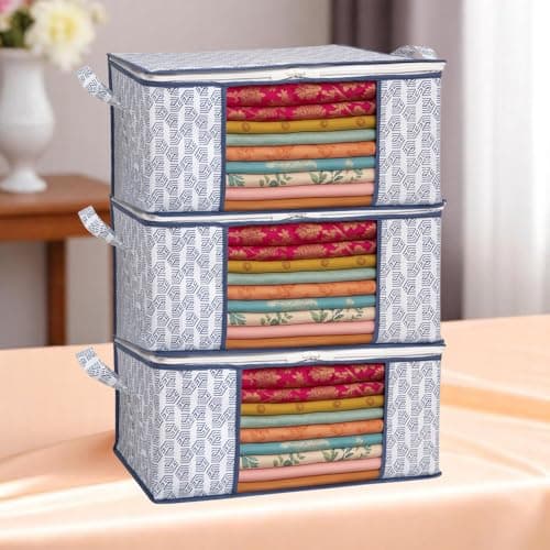 Homestrap Set of 3 Heavy-Duty Clothes Storage Bag – 30L Capacity | Moistureproof & Dustproof Saree Cover Bags | Ideal Wardrobe Organizer for Sarees, Suits, Shirts, Kurtis & More – White