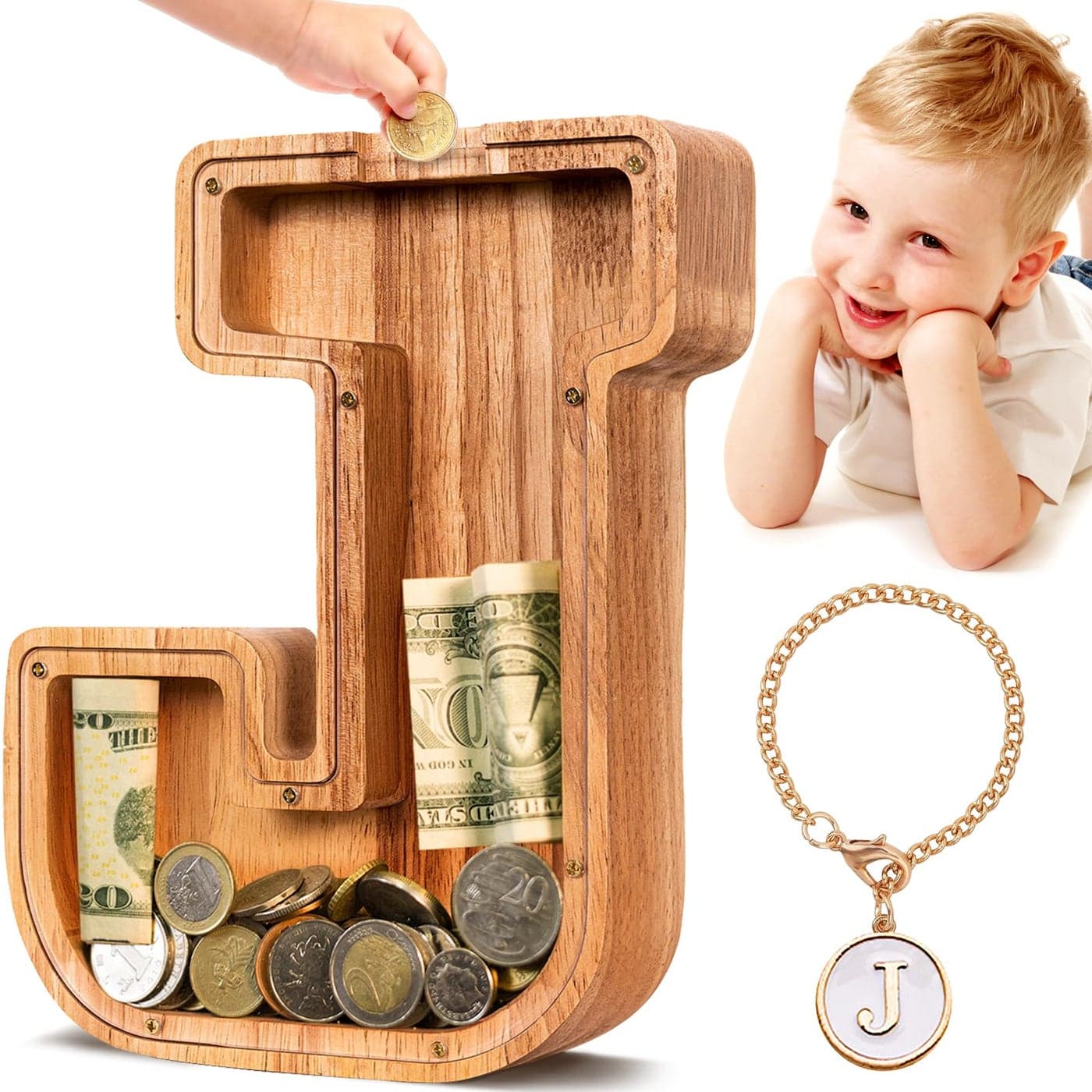SummiDate Wooden Letter Piggy Bank Piggy Bank for Boys Girls Toddler Alphabet J Money Bank Coin Bank Birthday Gift for KidsBirthday Easter Gifts for Kids J