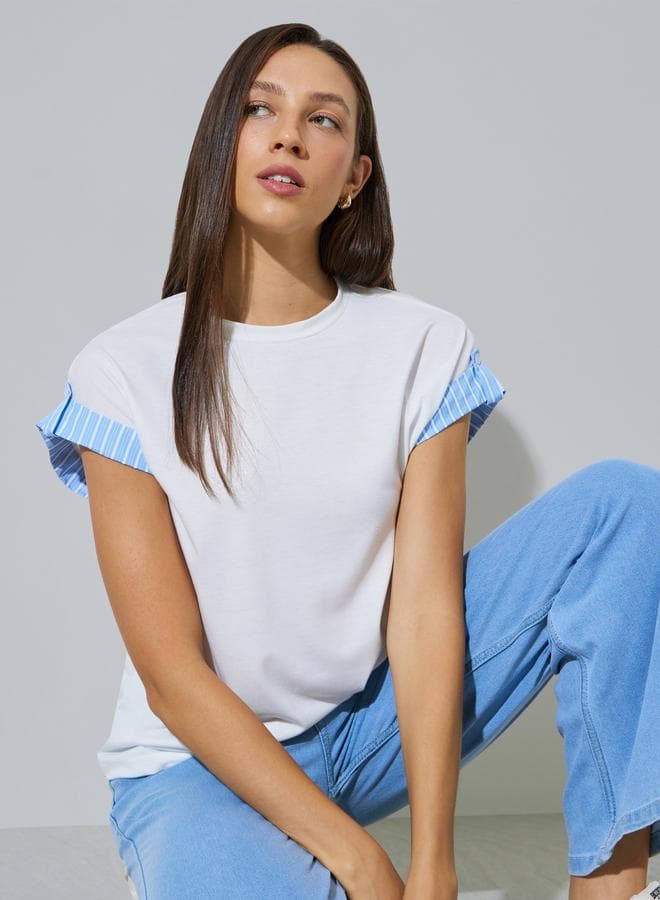 White Contrast Cuff Extended Sleeve T-Shirt