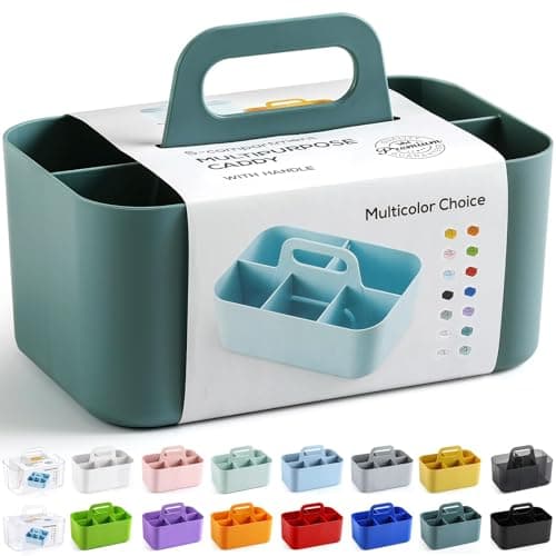 Multiuse Caddy Organizer with Handle Portable Divided Plastic Tote Bin Art Craft Stationary Pen Marker Crayons Makeup Hair Supplies Storage Bathroom Classroom Dorm Office Desk Holder Cyan