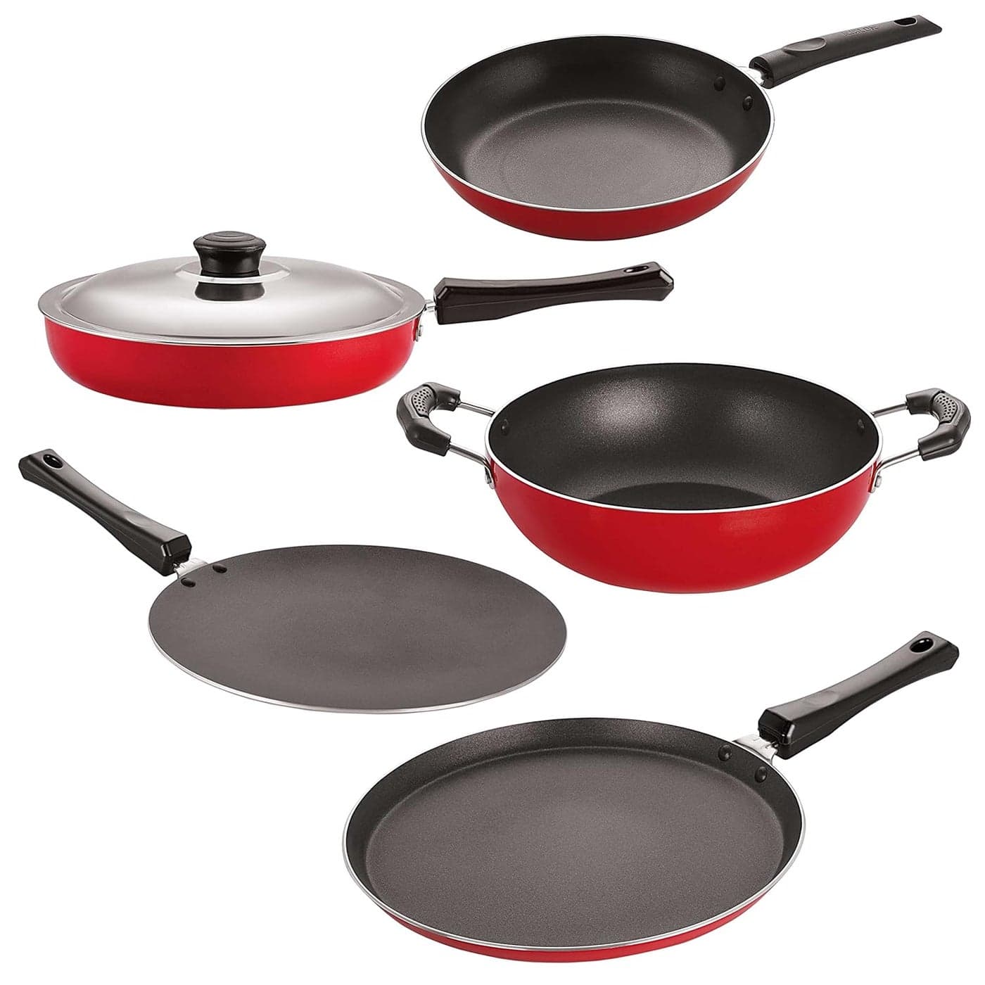 Nirlon Non-Stick Aluminium Cookware Set, 6-Pieces, Red & Black