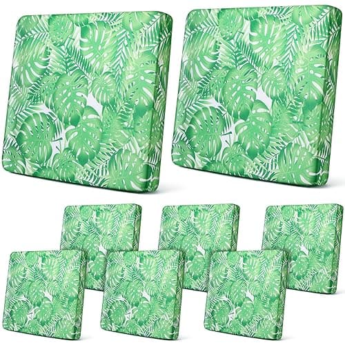 Newwiee 8Pcs Patio Cushion Covers Stretch Outdoor Cushion Cover Replacement for Patio Furniture Sofa Couch Slipcovers Soft Flexibility Washable Furniture ProtectorMonsteraGreen