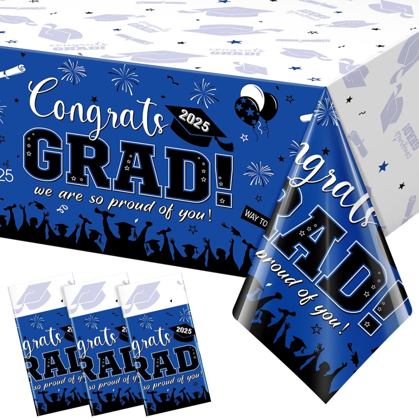 3 Pack Graduation Tablecloth Party Decorations Class of 2025 Congrats Grad Plastic Tablecover Party Supplies Blue Rectangle Graduation Table Decorations for College High School Party 54 x 108 Inch