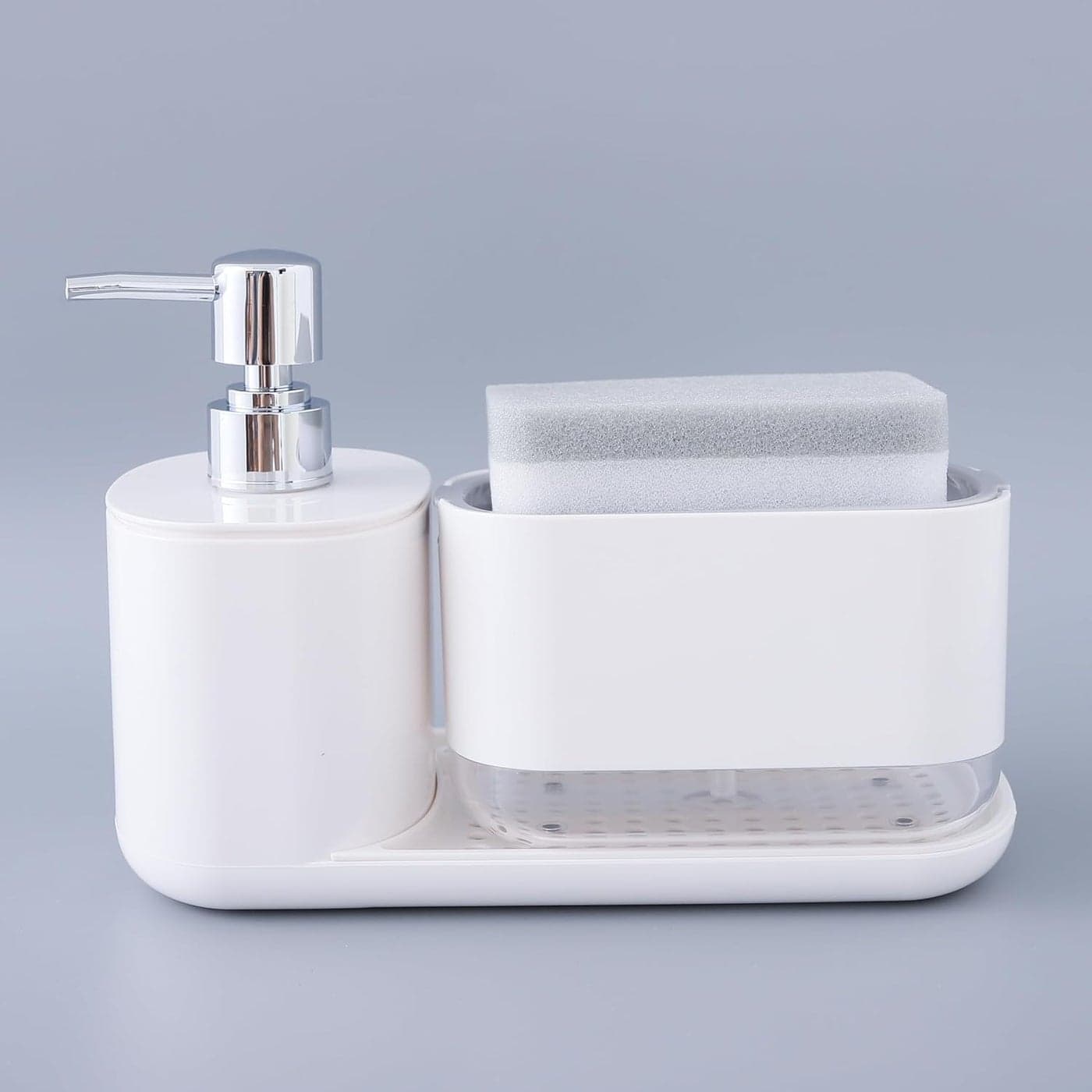 Kuber Industries 3 in 1 Bathroom Soap Dispenser 500ml & 300ml | Plastic Soap Dish Holder Drain Tray | Multifunctional| Kitchen Accessories | White |Durable |Handwash Dispenser