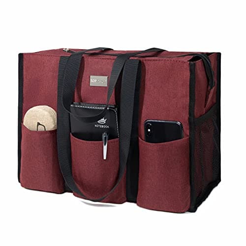 TOPDesign Utility Water Resistant Tote Bag with 13 Exterior & Interior Pockets, Top Zipper Closure & Thick Bottom Support, for Working Women, Teachers, Nurses, Accountants (Dark Red)