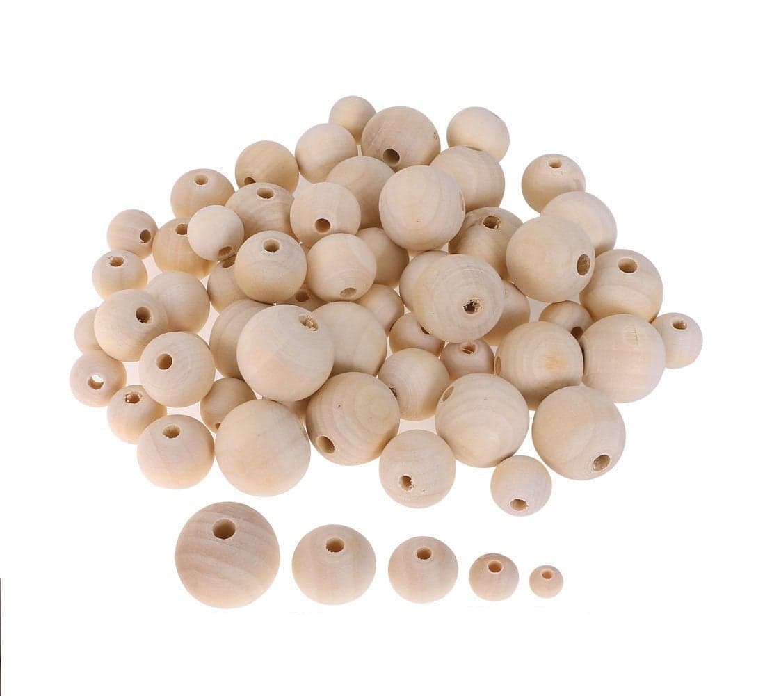 Amaney 400pcs 6mm-14mm Unfinished Wood Beads Assorted Natural Round Ball Loose Solid Wooden Spacer Beads for Crafts DIY Handmade Jewelry Making Bracelet Garland Hair