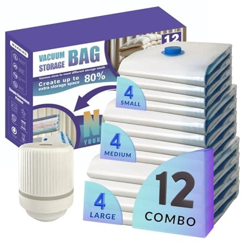 Nellivia 12 Pack Vacuum Storage Bags With Electric Pump, Compression Space Saver for Comforter, Bedding, Blanket Storage, Vacuum Seal Bags for Clothing, Luggage and Closet Organizer