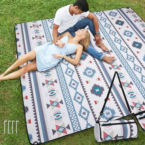 WICKERLAND Picnic Blankets Extra Large Beach Blanket Waterproof Sandproof with Shoulder Strap Machine Washable Outdoor Blanket with Stakes for Grass Concert Park LawnTravelSpring Summer Navy