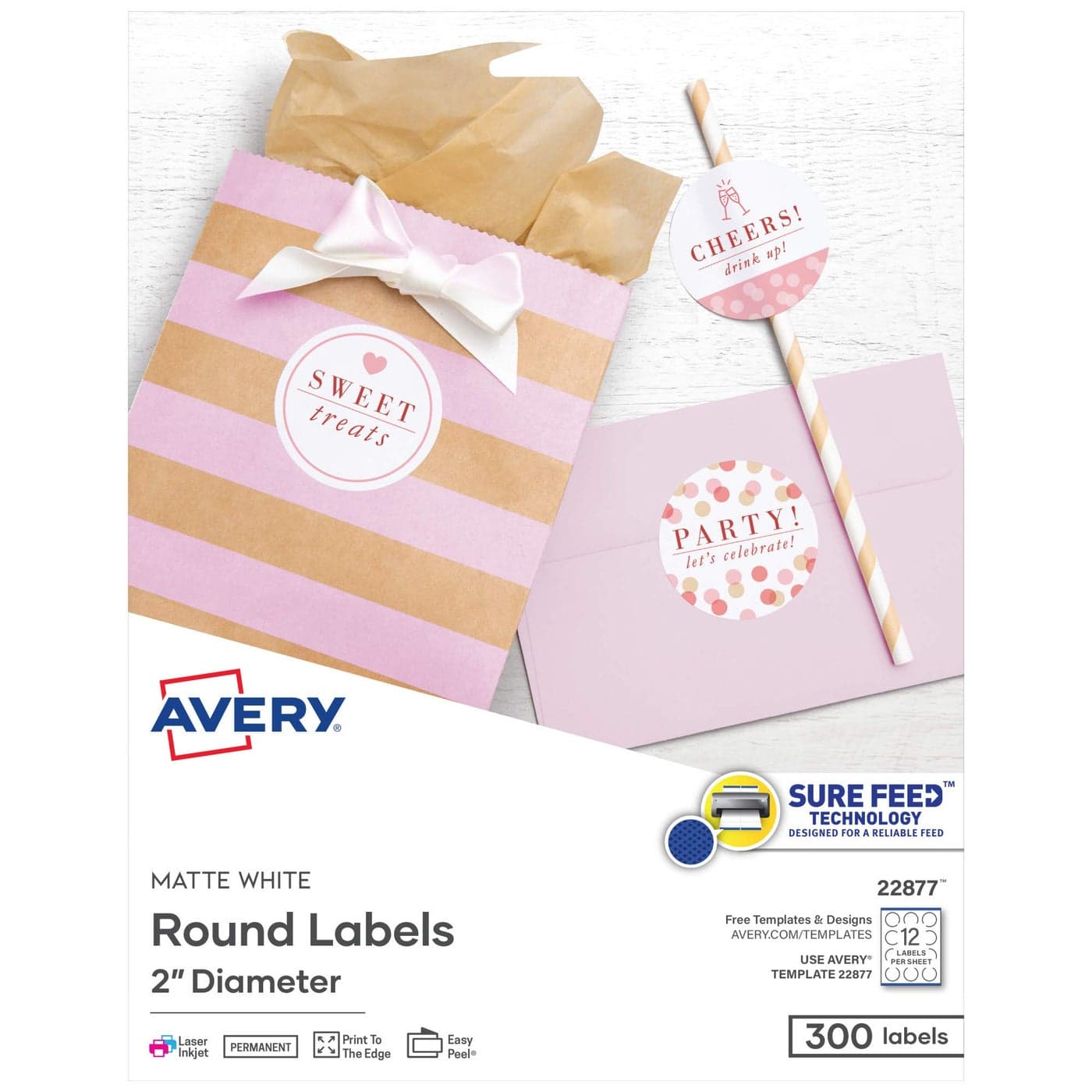 Avery Printable Round Labels with Sure Feed 2 Diameter Matte White 300 Customizable Labels 22877