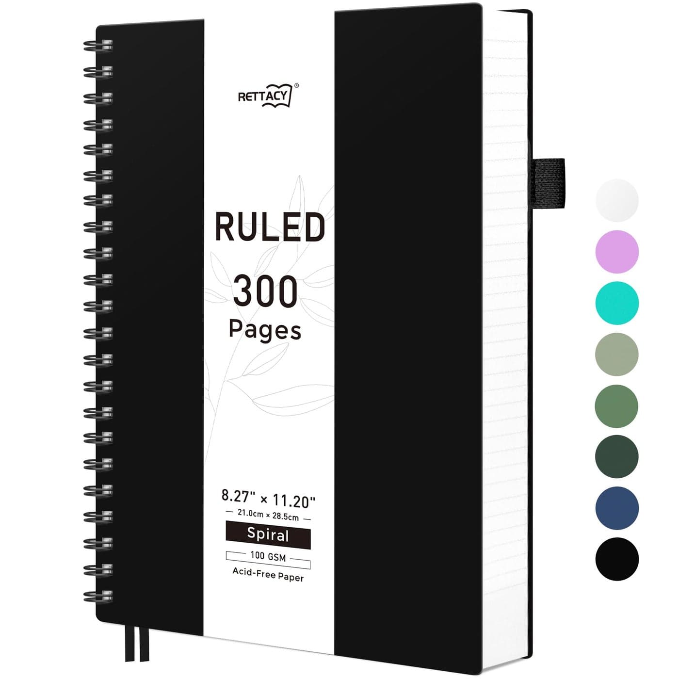 RETTACY Spiral Notebook, A4 College Ruled Notebook with 300 Pages, 8.2" × 11.2", Large Size, Notebook Journal for School, Work, Writing, 100 GSM Thick Paper, Flexible Plastic Cover (Black)