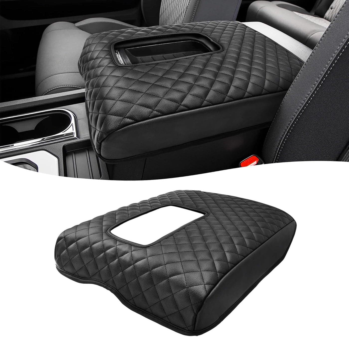 KBH Center Console Armrest Cover for Toyota Tundra 2014-2021 - Black Vinyl Leather Trim