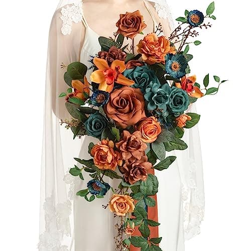 Ling's moment Teal Bridal Bouquet Cascading, Burnt Orange Wedding Bouquets for Bride, 13 Inch Terracotta Rust Fall Artificial Wedding Flower Bouquet