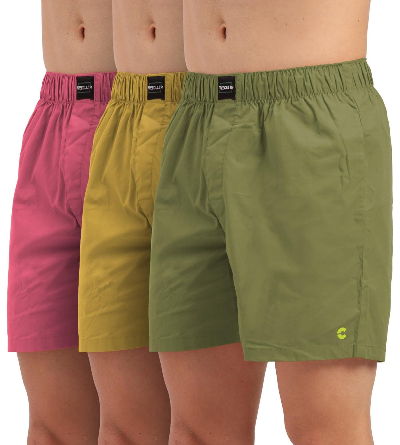 FREECULTR Regular Fit Ultralight All Day Boxer Shorts for Men | 100% Cotton Fabric, Dual Deep Side Pocket, Microfibre Waistband Size XL Pack of 3-Absinthe Green,Yellow,Malibu Peach