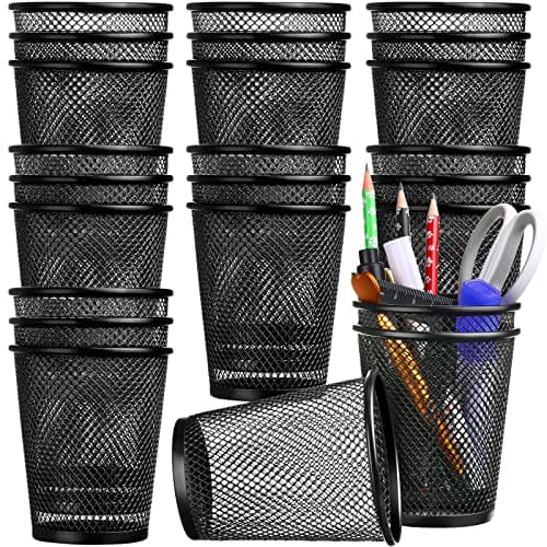 Leelosp 24 Pcs Pen Holder Mesh Pen Cup Bulk Metal Pencil Cup Holder for Desk Black Organizer Round Office Classroom for Back to School Students Kids Adult