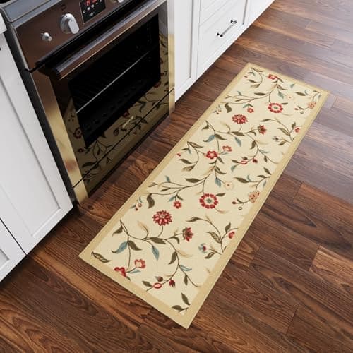 Ottomanson Hallway Runner Rug 20" x 59" Non Slip Floral Area Rugs Easy to Clean Laundry Rug Runner Durable & Pet Friendly Floor Carpet Runners for Hallways Entryway Living Room Kitchen Bathroom, Beige