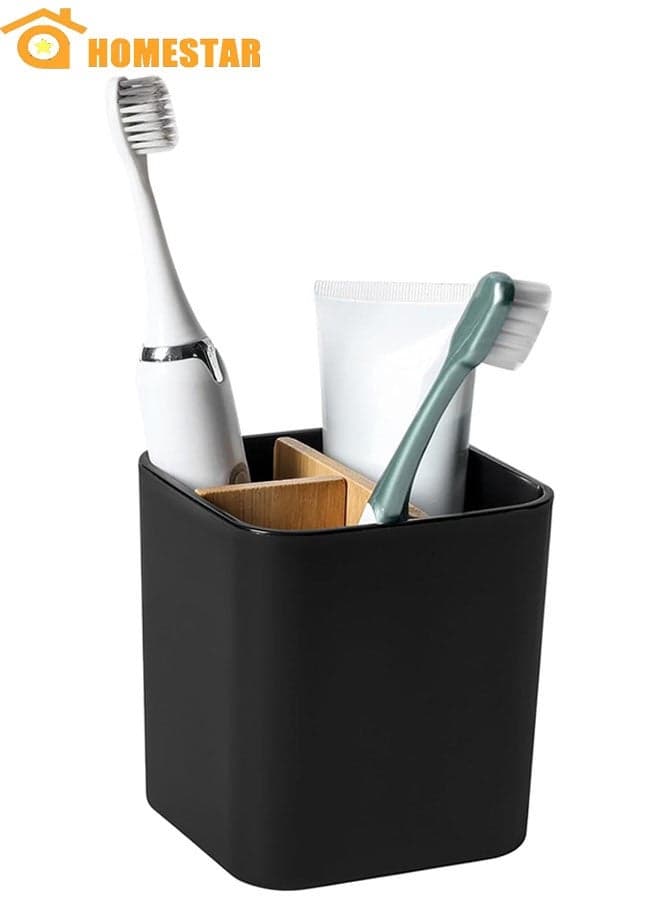 Bamboo Toothbrush Holder for Bathrooms, 3 Slots Toothbrush and Toothpaste Holder Bathroom Counter Organizer for Electric Toothbrushes, Floss, Razors, Black