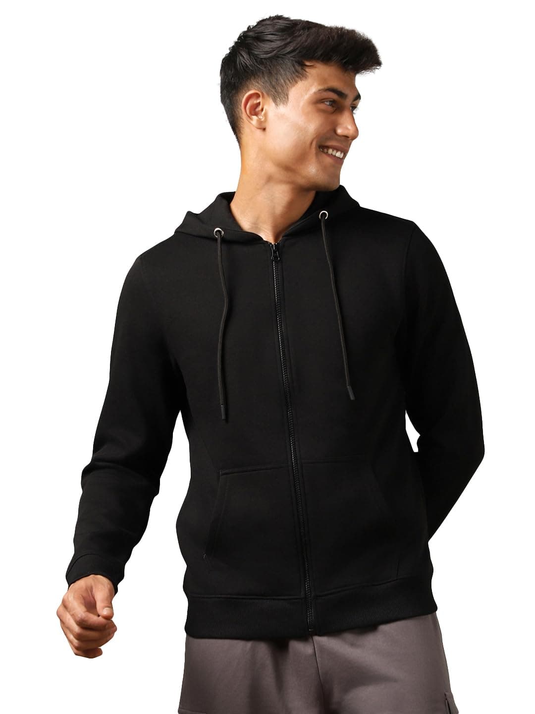 NOBERO Men's Cotton Neck Hooded Regular Fit Sweatshirt (1M-Twzp-R0004_Black